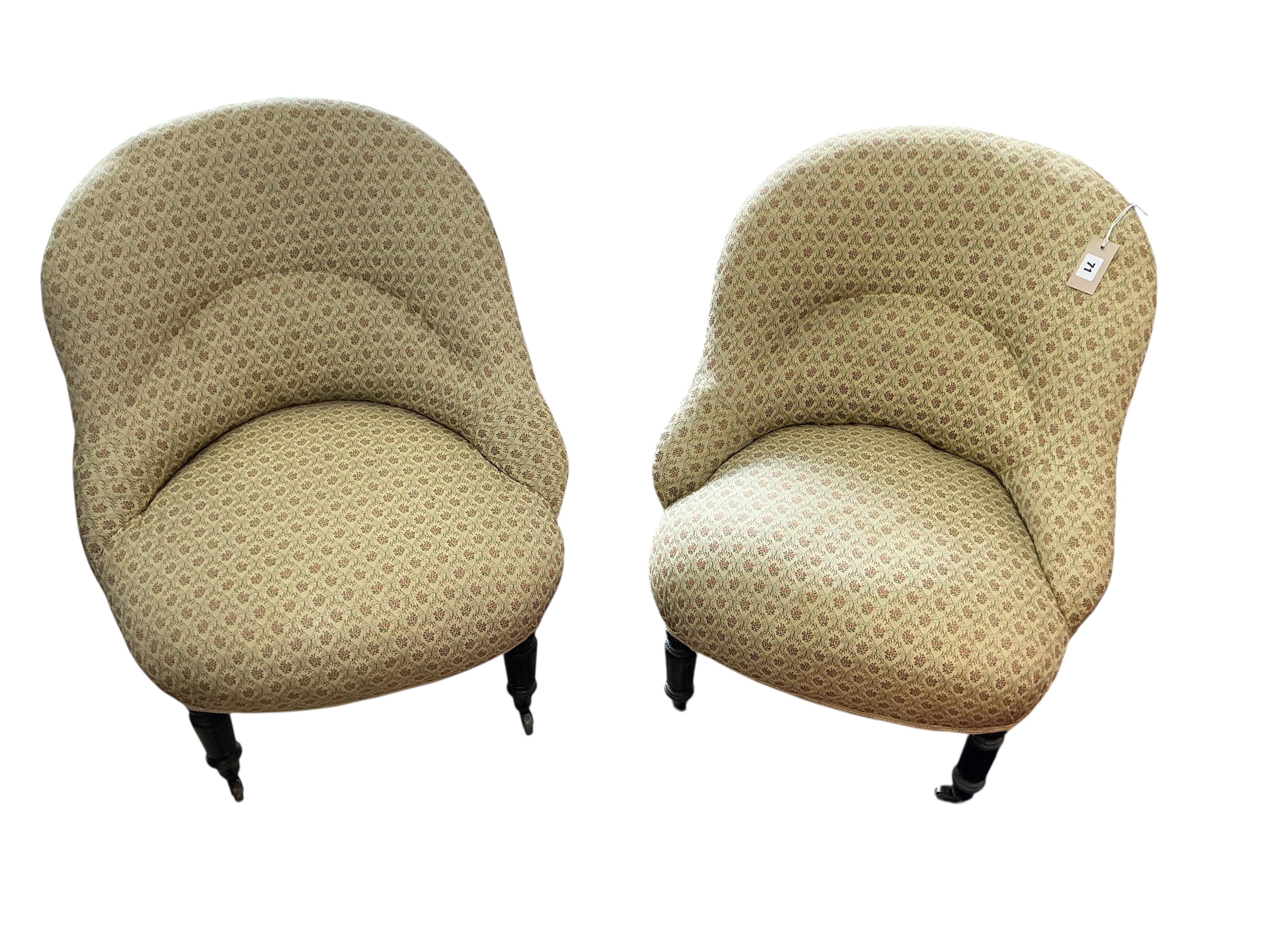 A pair of 19th century French upholstered spoon back chairs, width 60cm, depth 56cm, height 74cm